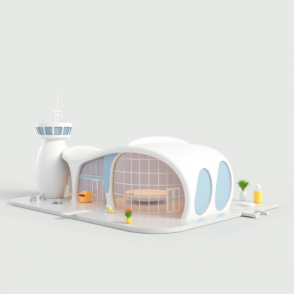 A design for an airport with a baby toddler diaper theme. Primary design elements should include diapers, pacifiers, and baby bottles along with standard airport architecture. Present as 3D realistic rendering.