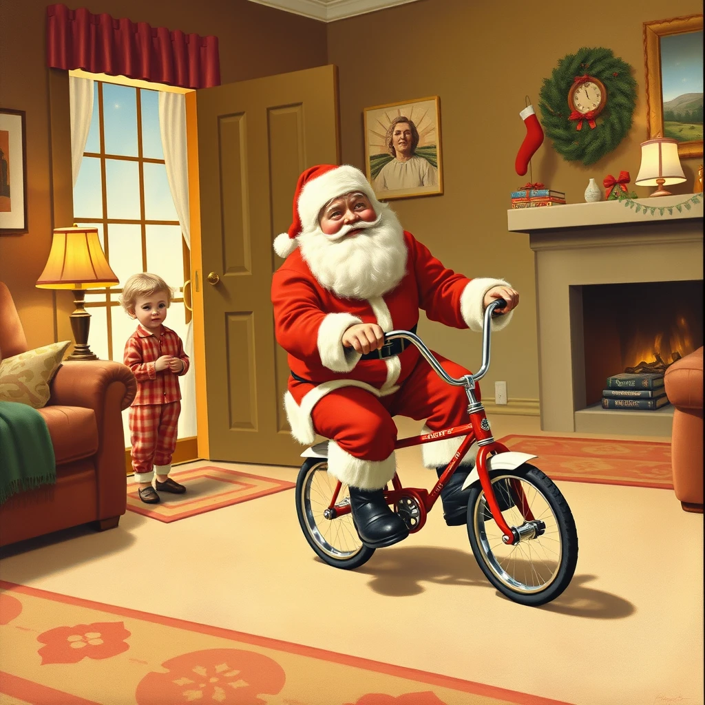 Santa is riding a tricycle around the living room while a child in pajamas watches from a doorway, as painted by Arthur Sarnoff in 1952.