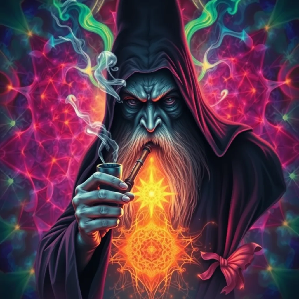 Dark wizard smoking DMT from a pipe and breaking through to another dimension full of geometric fractal patterns.