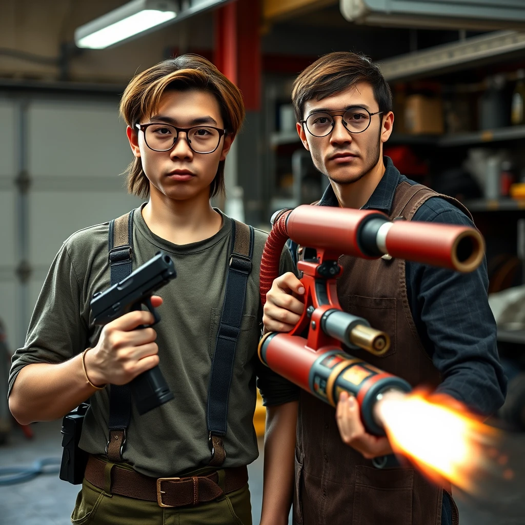 21-year-old white thin long-faced young adult northern Chinese man with a square chin, wearing square glasses, holding a pistol, "medium/long length hair," tactical suspenders; 21-year-old Caucasian Italian man wearing round glasses and short hair holding a very large fire extinguisher flamethrower, welding apron; garage setting; both angry.