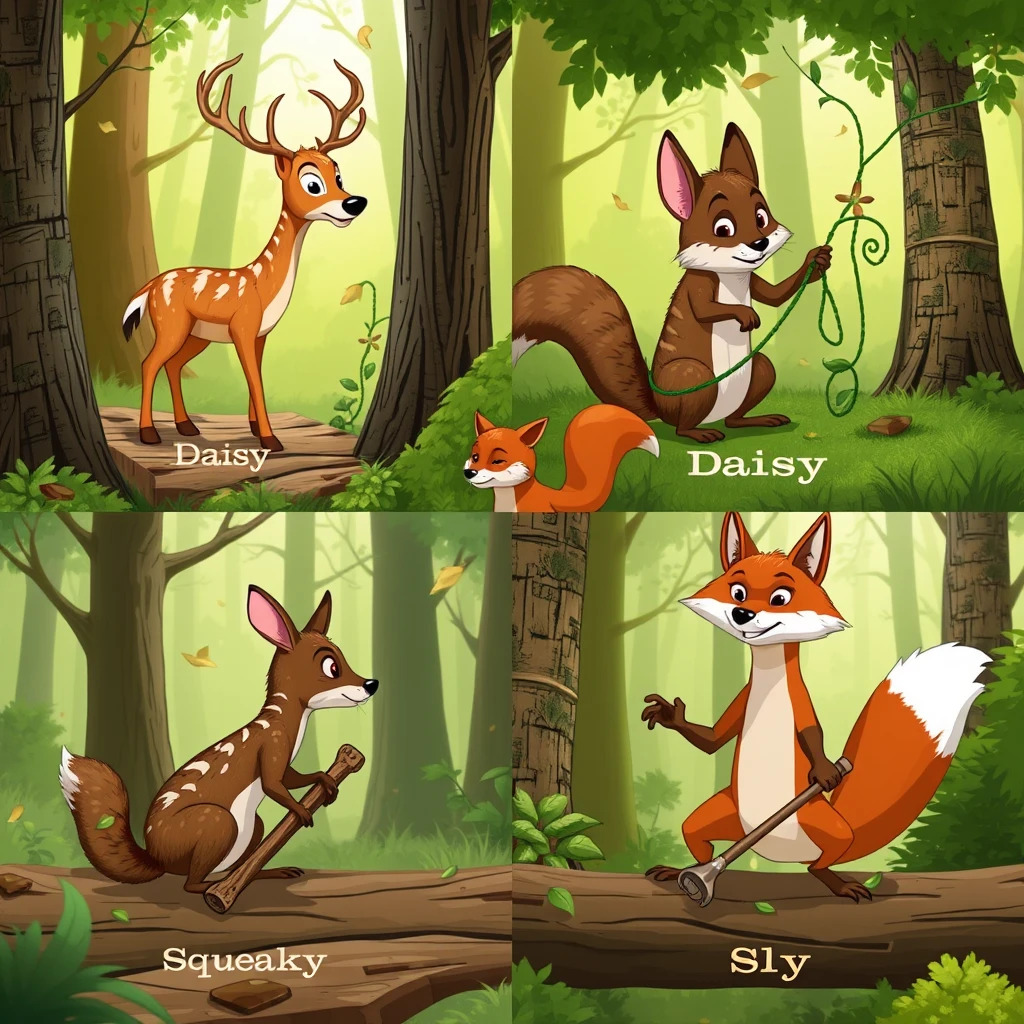 A dynamic split-screen showcasing the forest animals in action: the deer, named Daisy, gathering wood, the squirrel, named Squeaky, securing vines, and the fox, named Sly, using tools, all contributing to the bridge repair.