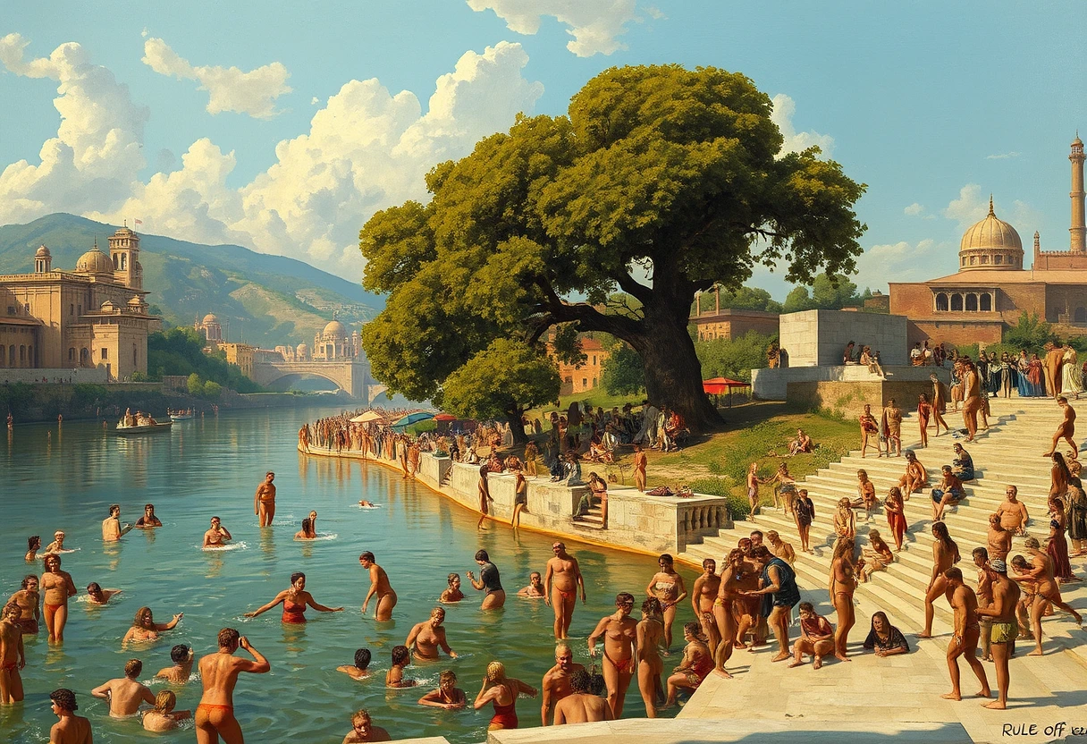 Nude Bathing women, crowd, large river, buildings, tree, stone steps, Persian temple, sky, rule of thirds, Art by Edwin lord weeks.