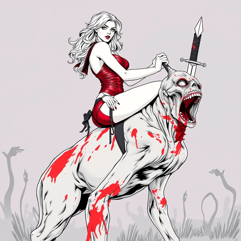 A tall mature woman in red sexy battle leather underwear rides on a zombie's back, her leg is wrapped around the zombie's neck, she stabs the dagger into the zombie's head, line art.