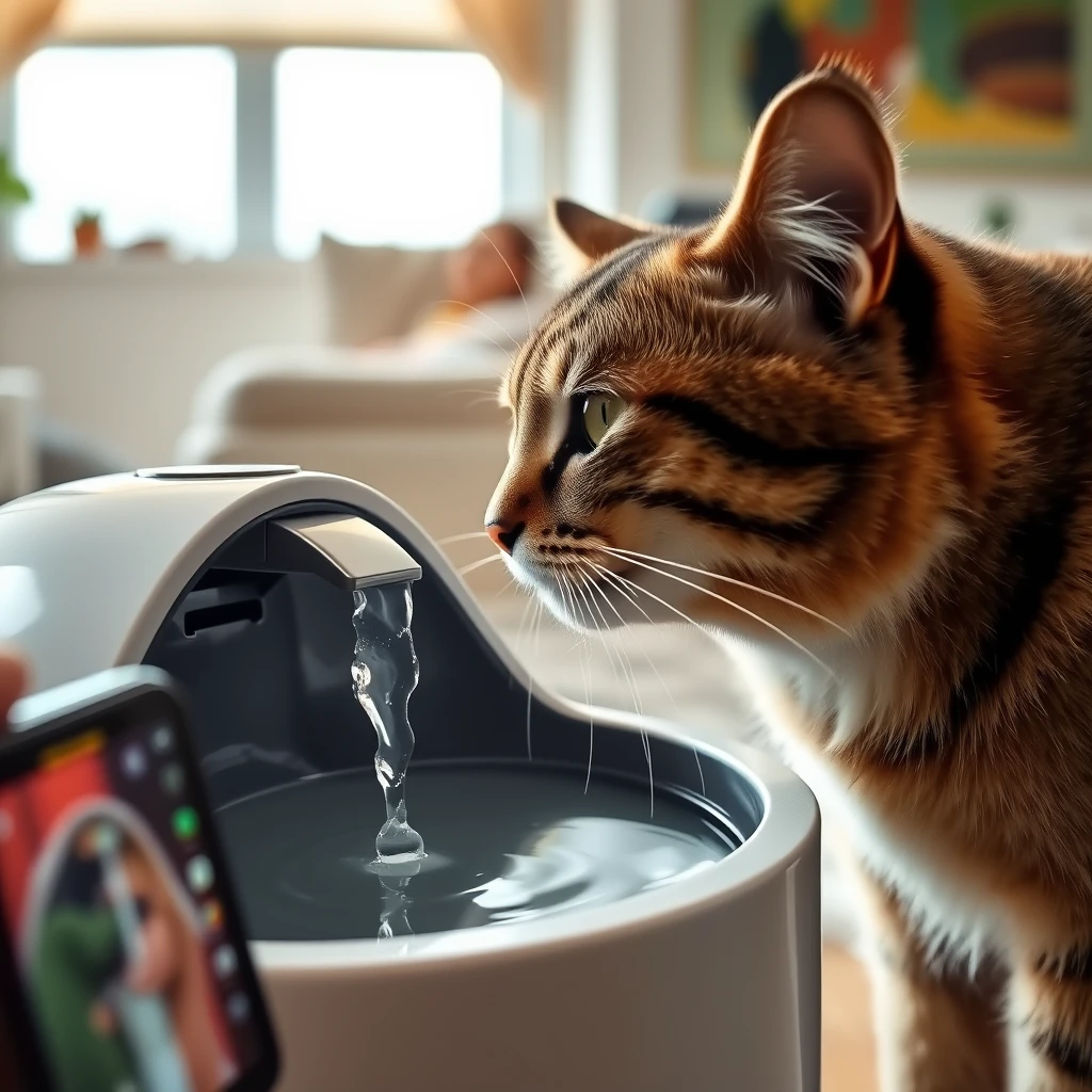 A cat drinking water from a pet water fountain, captured from the perspective of a mobile phone. The scene is indoors, with the cat's face close to the water stream that bubbles up from the fountain. The pet water fountain has a sleek, modern design, and the environment is well-lit with natural lighting. The cat is focused on drinking, and the image shows a clear, detailed view of its head and upper body. The background includes a hint of home decor, indicating a cozy living space.
