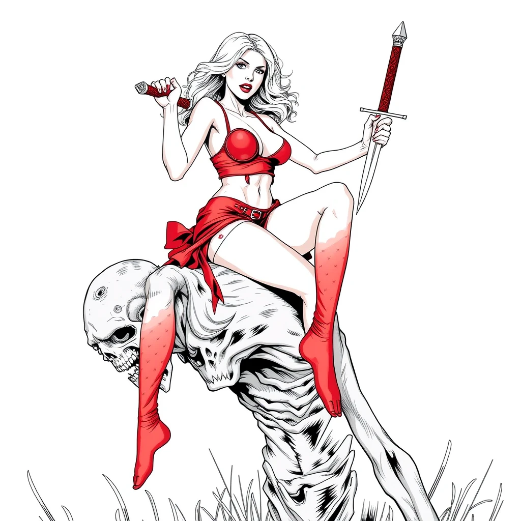 A tall mature woman in red sexy battle leather underwear rides on a zombie's shoulder with her legs open, holding a dagger and stabbing the dagger into the zombie's head, line art. - Image