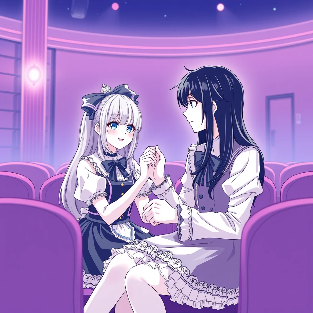 anime pure lineart, Beautiful girl dressed in Lolita costume and handsome tall boyfriend, sit in cinema, one hand shaken. - Image