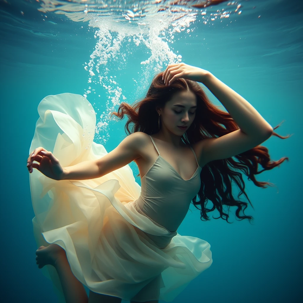 A symbolic photo: A young woman dancing underwater. Life and sensitivity. Perfection. Beauty. Attraction. Supple. Form. Curves. - Image