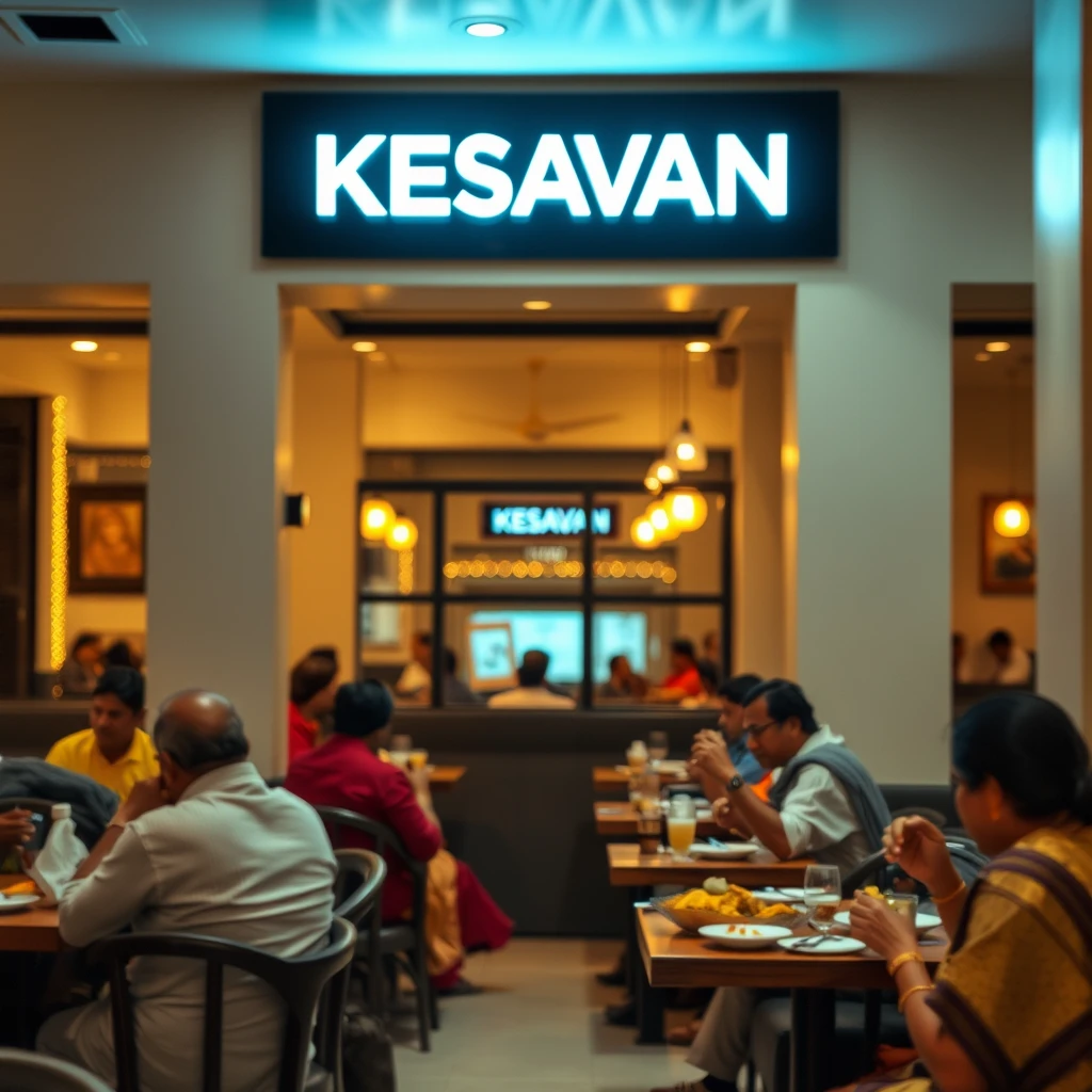 Scenery of Indian people eating in a minimalist traditional aesthetic Chettinad interior Indian restaurant with signage reading "KESAVAN," bokeh, golden hour, white, dark blue, and maroon theme colors. - Image