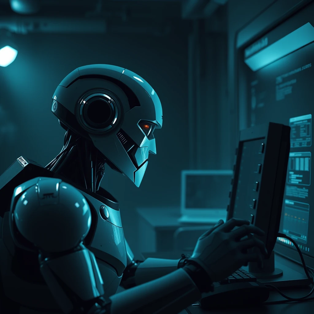 Futuristic sci-fi, a robot facing a computer, dim scene, weak light source. - Image