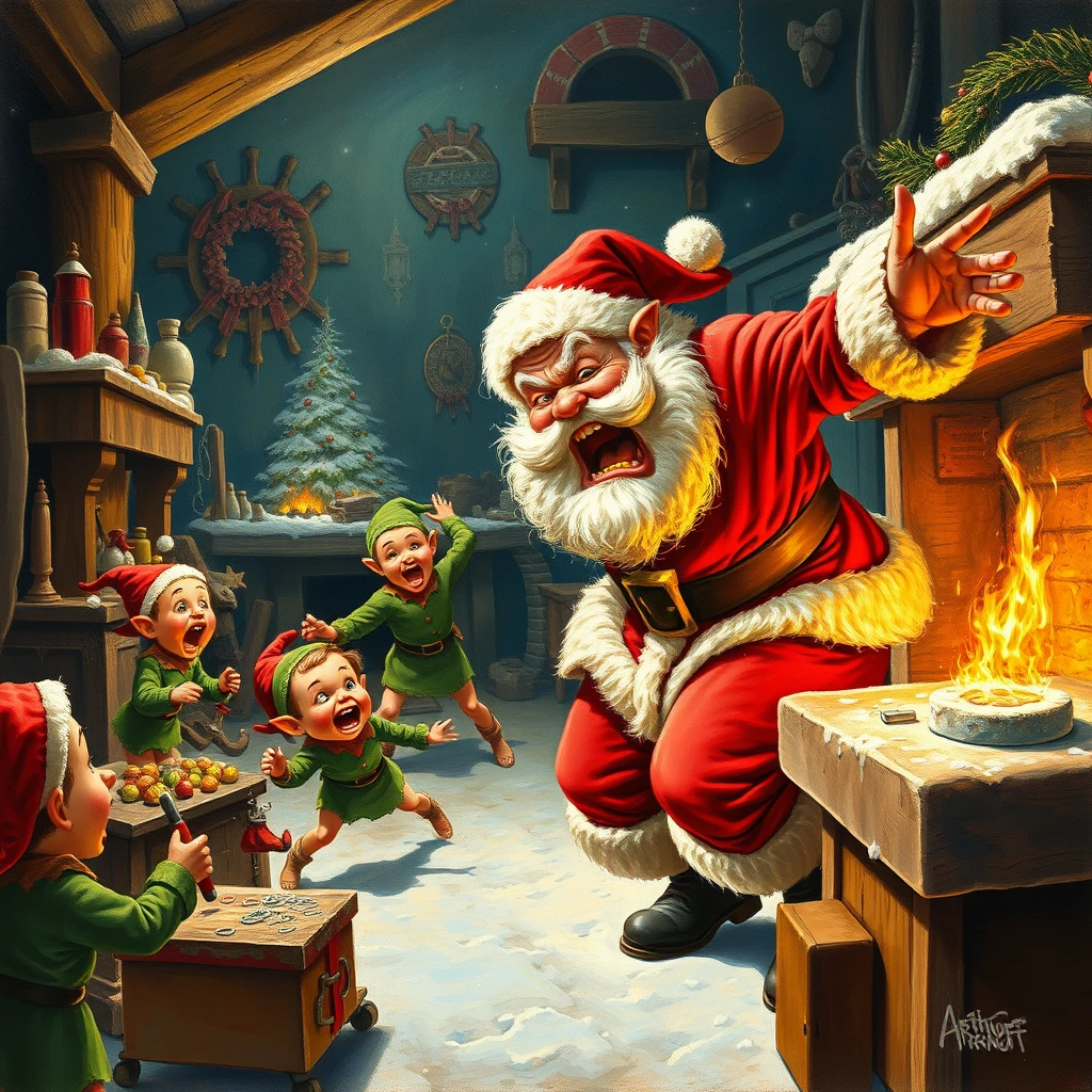 Santa is mad again and raging through the workshop, elves are running away in terror, a painting by Arthur Sarnoff. - Image