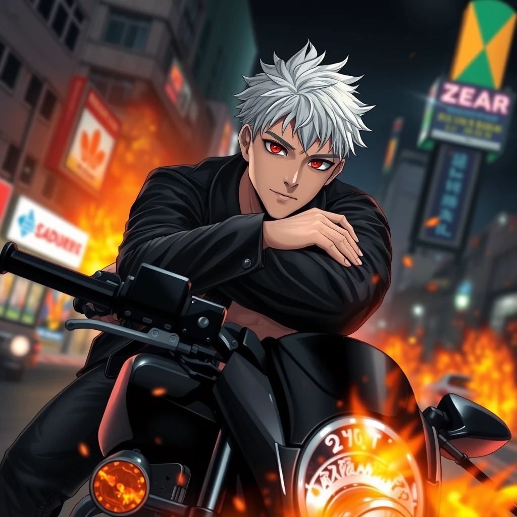 An adult male leaning on a black motorcycle, with short white hair, red eyes, black leather jacket, a muscular figure, playful eyes, thick painted style, urban night scene, high altitude, flames, explosions, black color scheme, movie level lighting. - Image