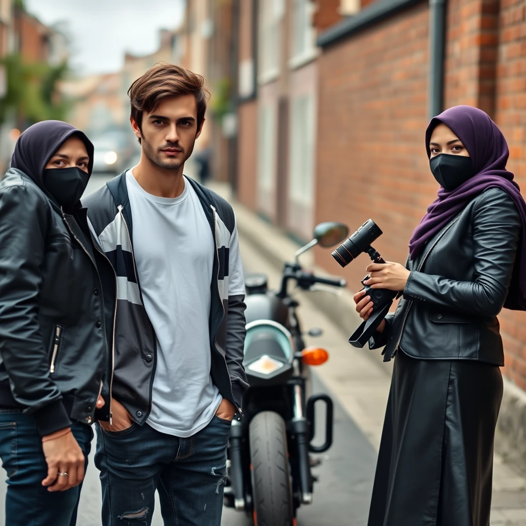 Jamie Dornan and Freddie Prinze, head and body shot, handsome, young, serious face, dark brown-haired, white T-shirt, collage jacket, skinny jeans, sneakers, standing, discussing with the two guys with a short purple hijab Muslim girl, beautiful eyes, face mask black, black leather jacket, biggest black leather skirt, holding DSLR Canon camera, near town road, superbike, hyper-realistic, street photography, brick wall, full body photo. - Image