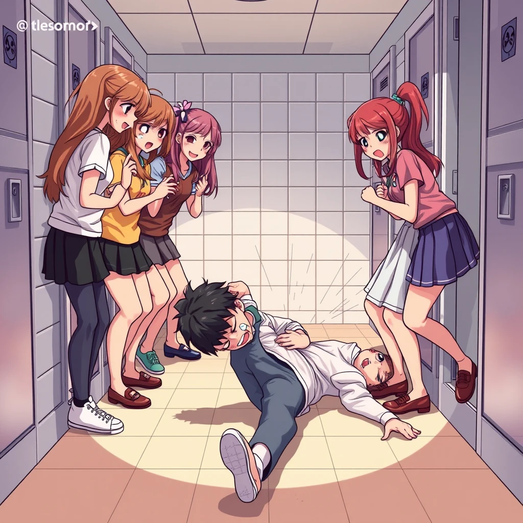 A group of beautiful girls angrily kicking a boy in the girls' bathroom at school, the boy falls on the ground and is crying, comic. - Image