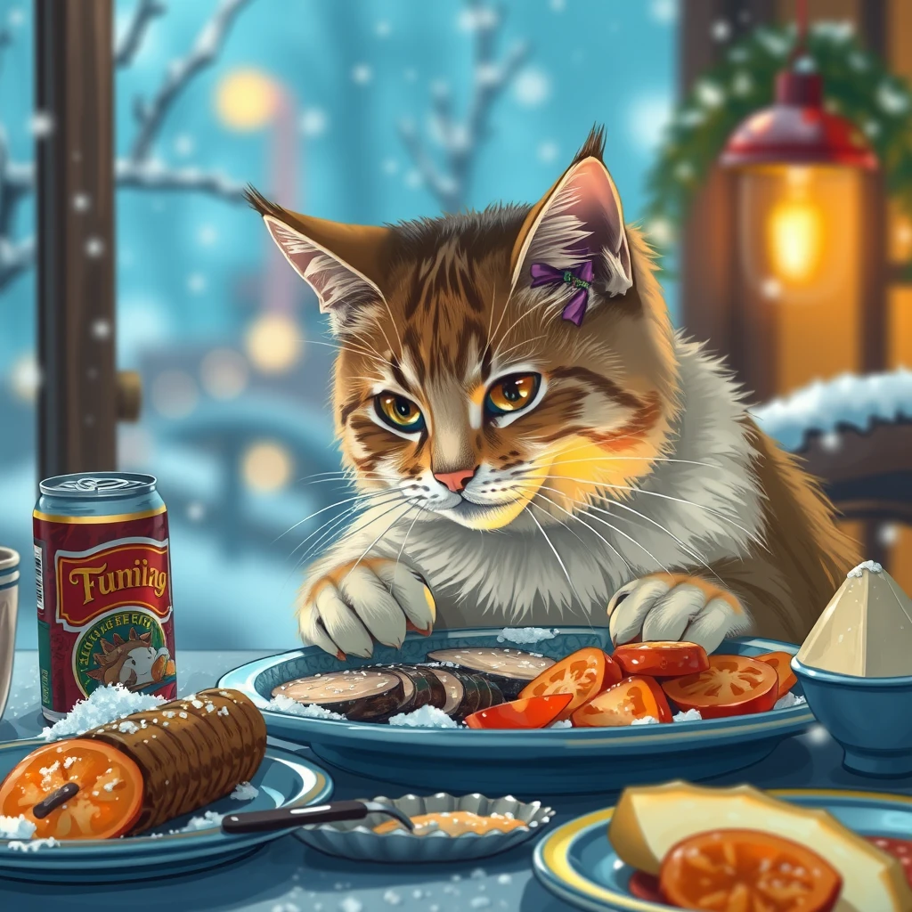 On a snowy night,there was a lovely cat eating dinner,with fish,cans and other food on the table. - Image