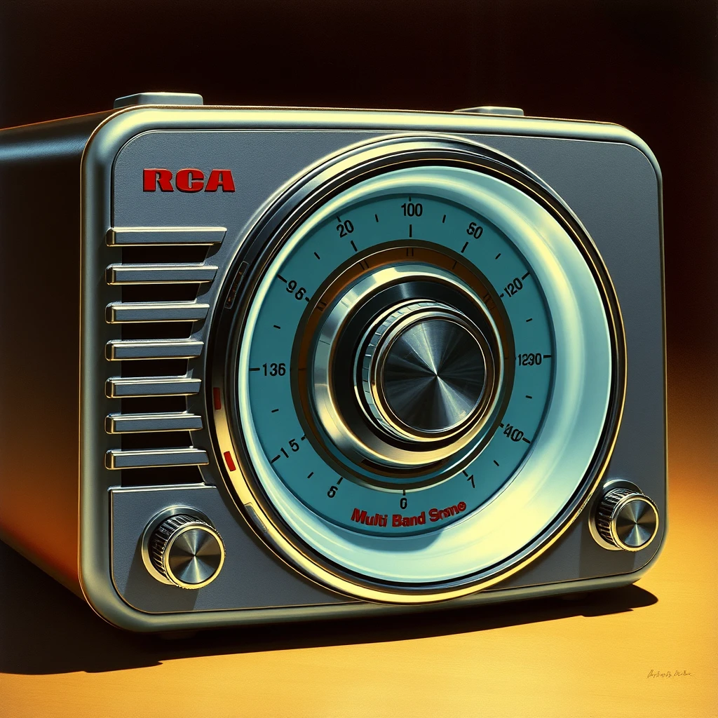 An RCA brand, multi-band radio concept, featuring a backlit tuning dial, as painted by Arthur Sarnoff. - Image