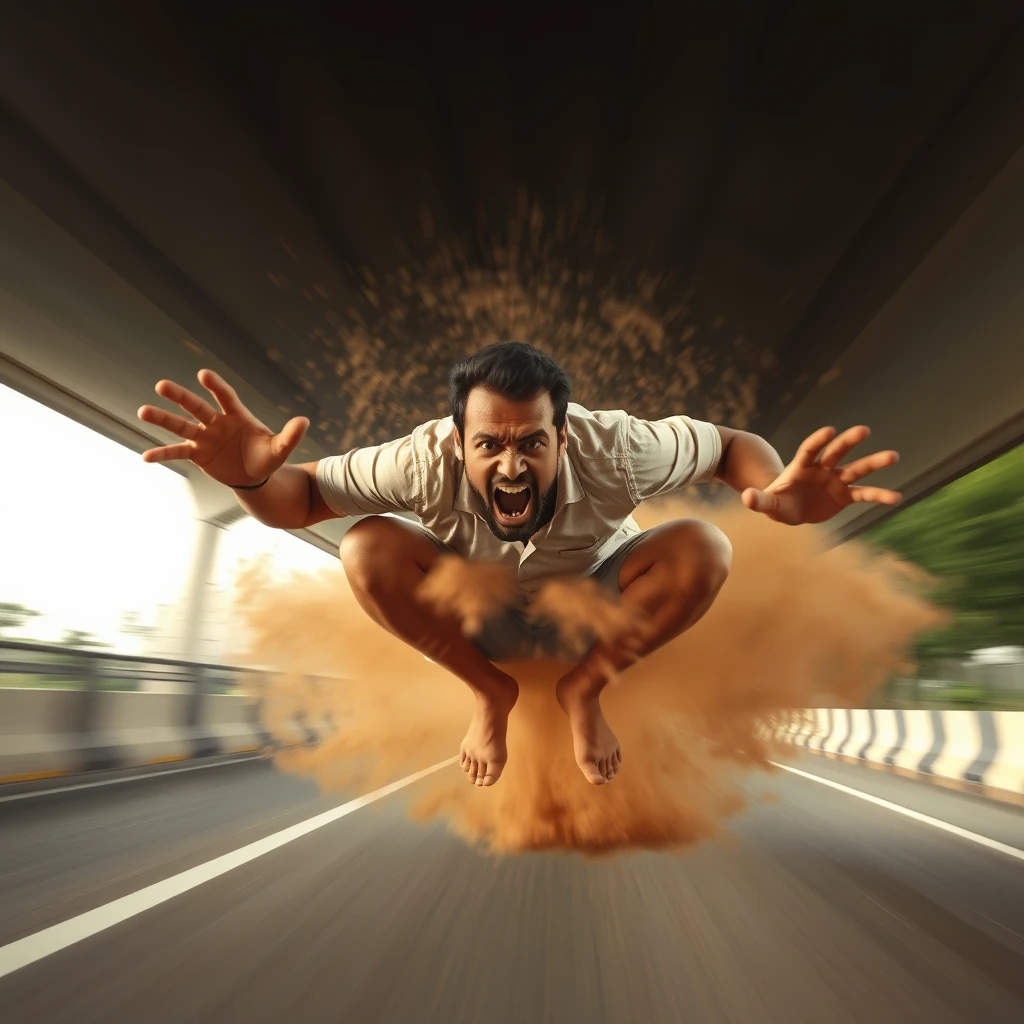 An Indian man is flying away at high speed, 20 meters high, in a squat pose, releasing a high-pressure stream of brown liquid while farting. The footage is of low quality, resembling CCTV, with him angrily screaming at the camera, his eyes bulging, captured from the front view, and featuring a radial blur effect. - Image