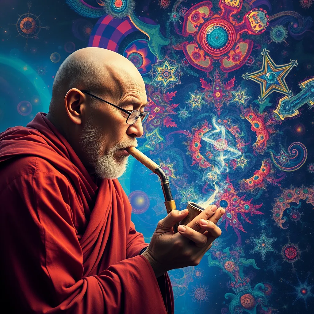 Monk smoking DMT from a pipe and breaking through to another dimension full of multicolored fractals.