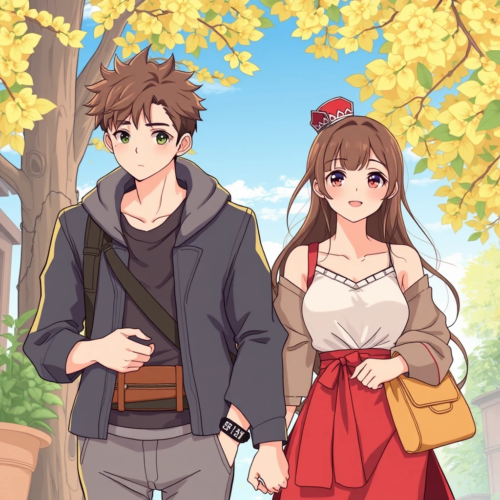 Young couple's daily life, handsome tall boy, anime line art, fantasy wear, full-length view.