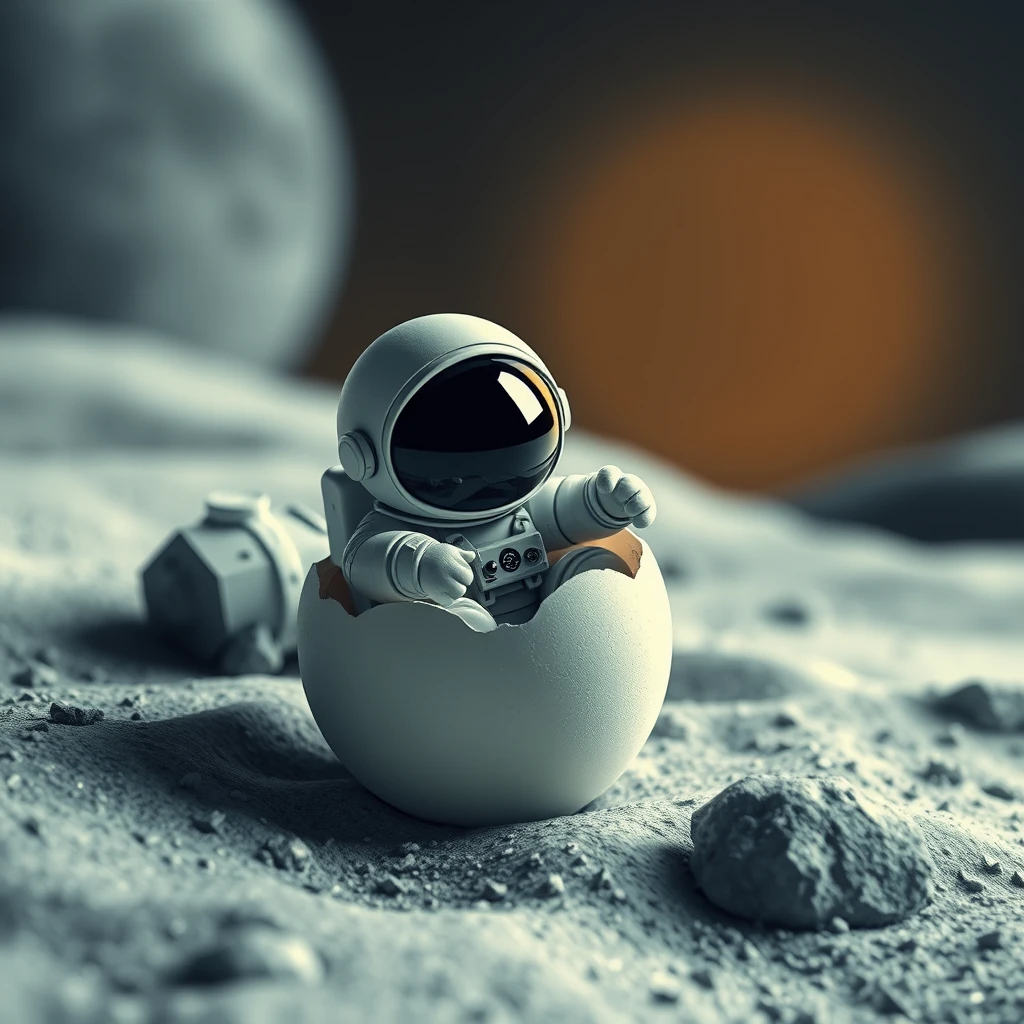 a tiny astronaut hatching from an egg on the moon - Image