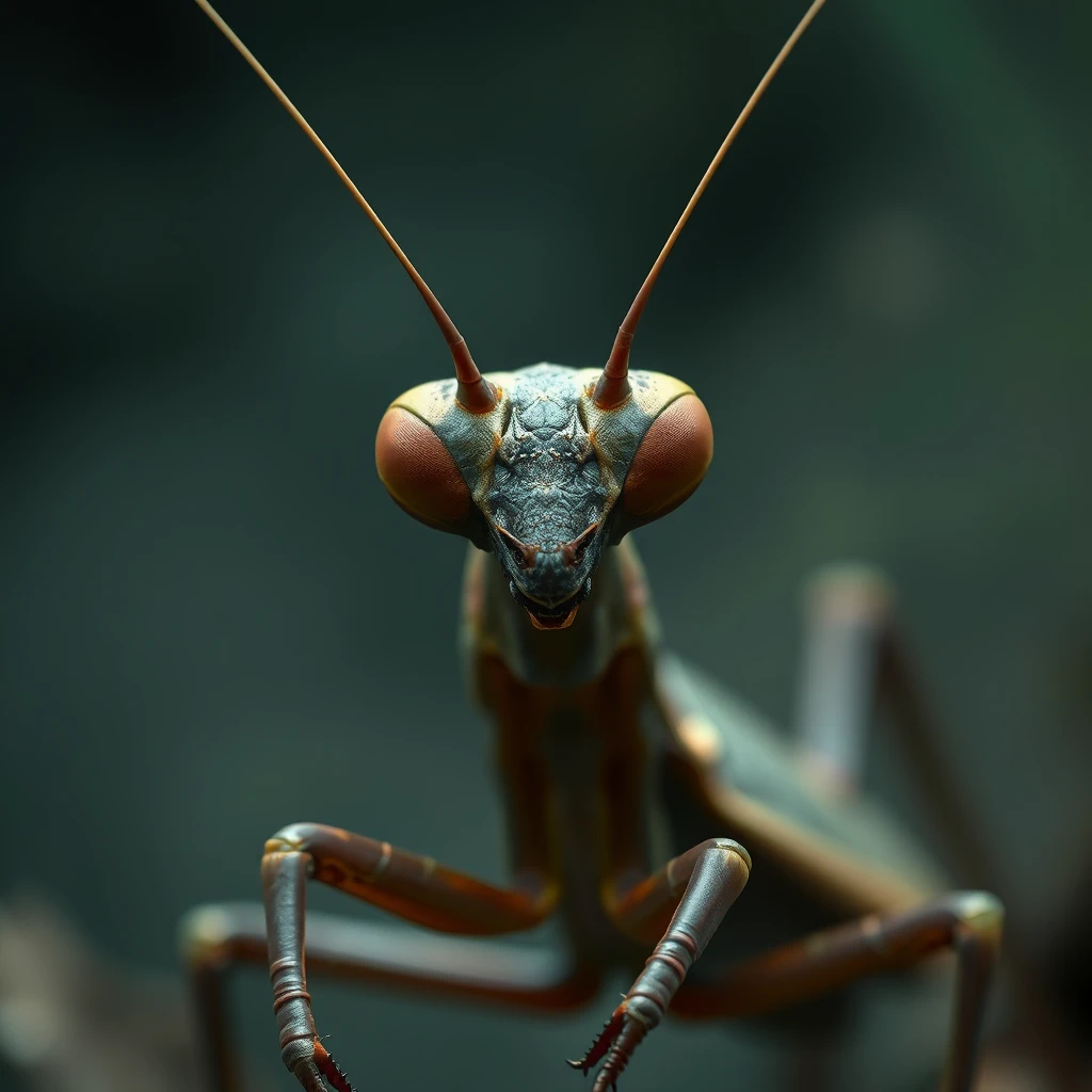 A conehead praying mantis but with a mix of Hellboy and a dark serene surrounding. High definition, high level of detail, looking poised ready to kill, zoomed out.