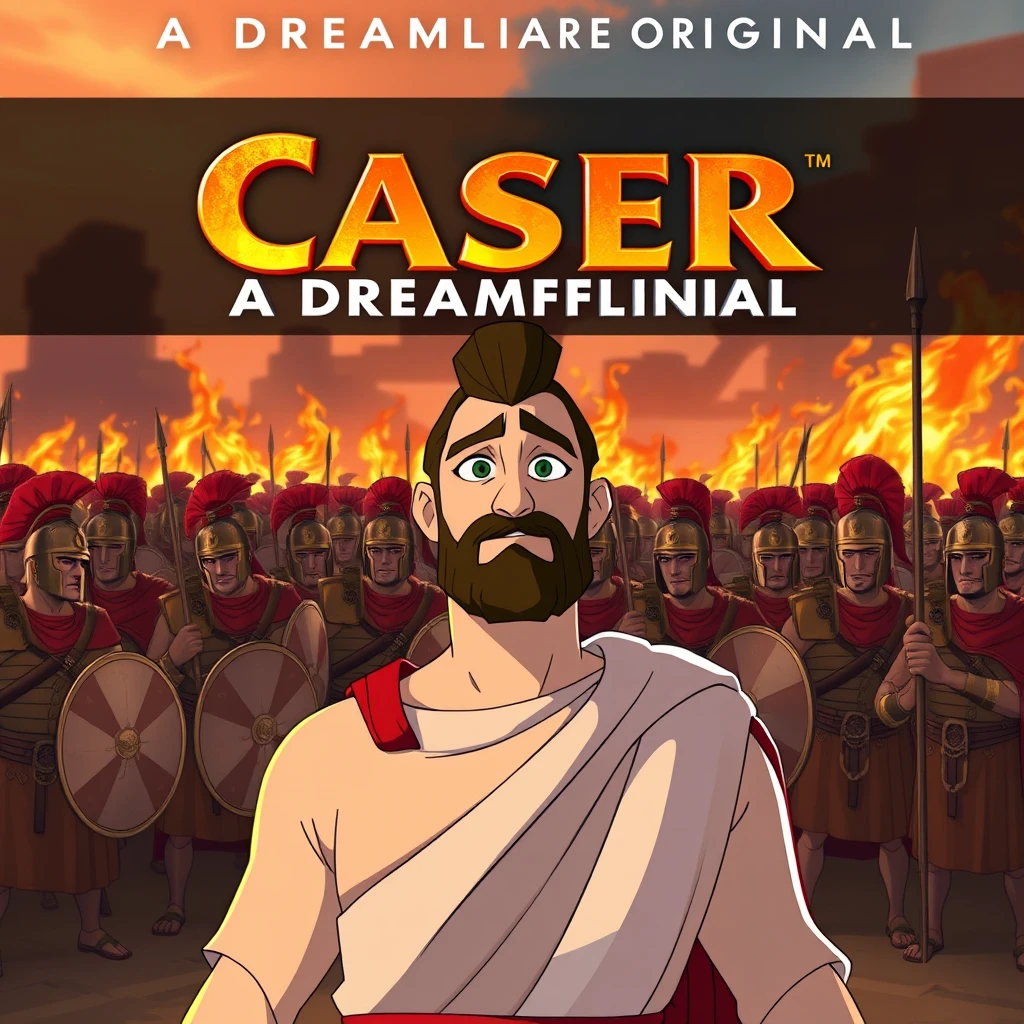 a poster of an animated series about Caeser title with "A DREAMFLARE ORIGINAL" written as title with bold letters as giant text, full body shot of Caeser in the foreground, wide shot of Roman soldiers among flames in the background


