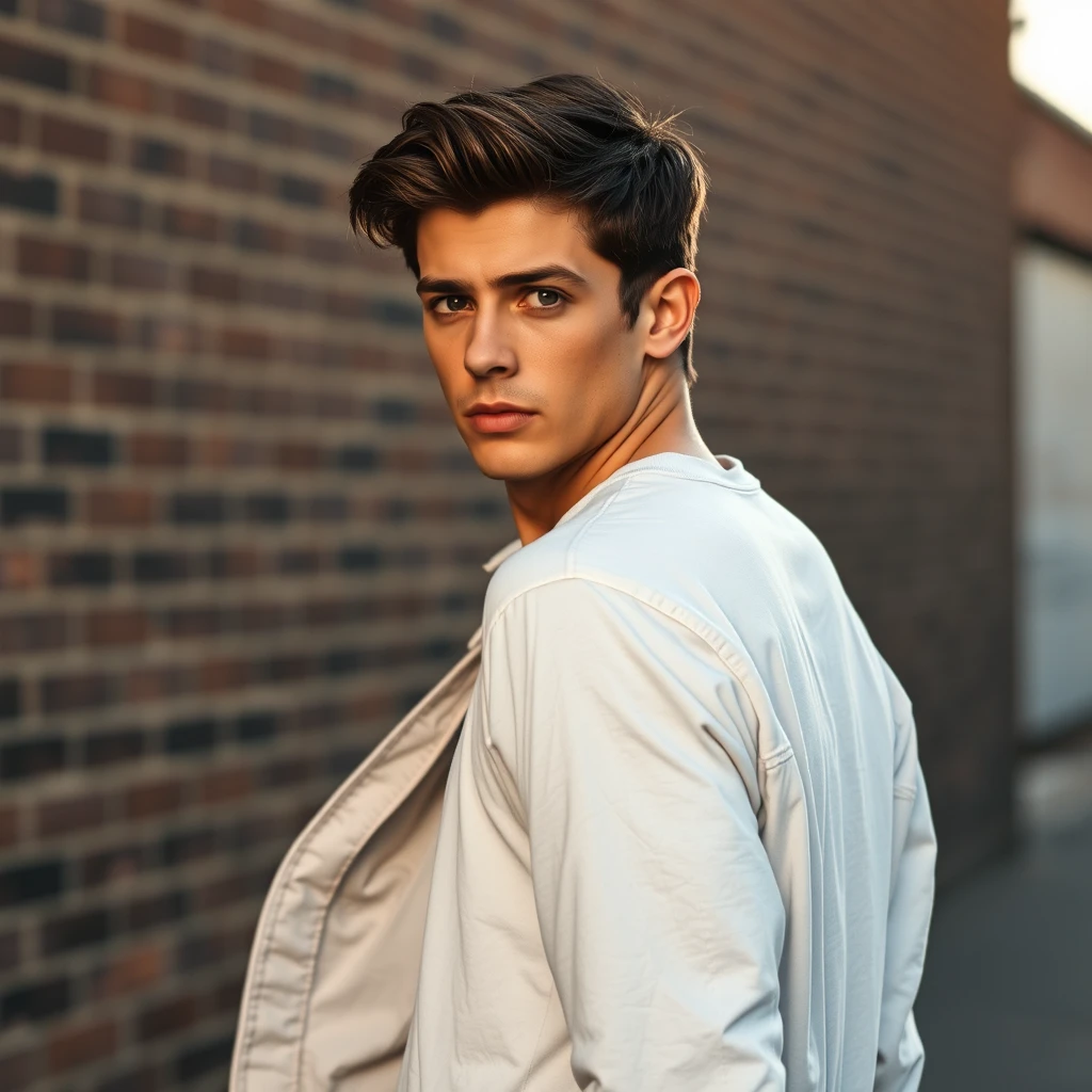 Freddie Prinze head and body shot, handsome, young, serious face, white T-shirt, collage jacket, jeans, sneakers, looking behind, hyper-realistic, street photography, brick wall, full body photography, sunrise.