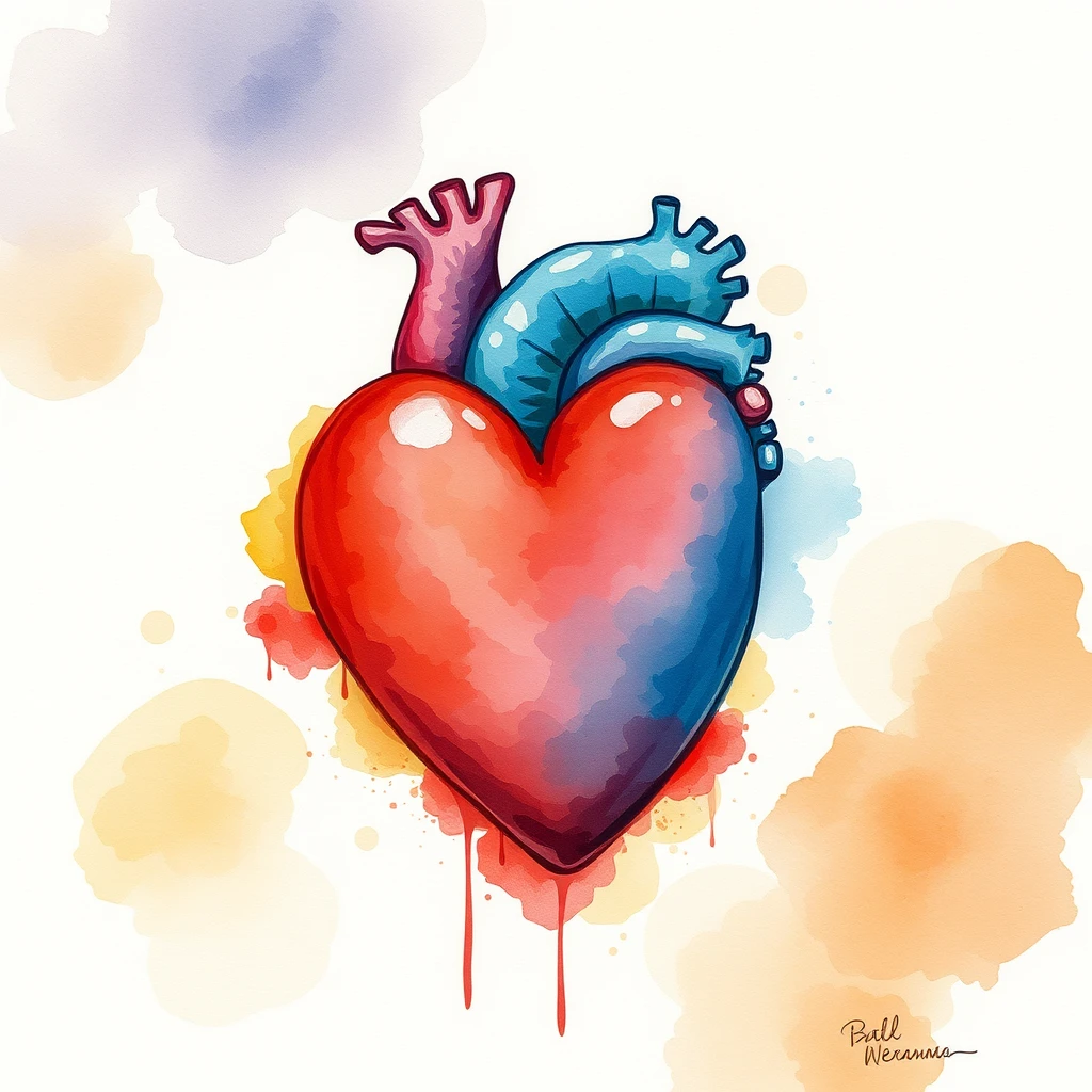 Watercolor, heart held in arms. - Image