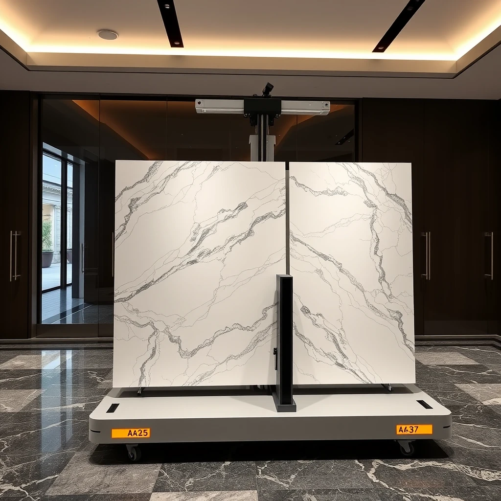 Smart, stylish automated AGV-based carrier-cum-display system that holds 2 large 4-meter-sized polished marble panels such that one horizontal panel and one vertical marble panel together form a large L-shaped configuration, in a pattern matching orientation, in a professional yet cheerful setting. - Image