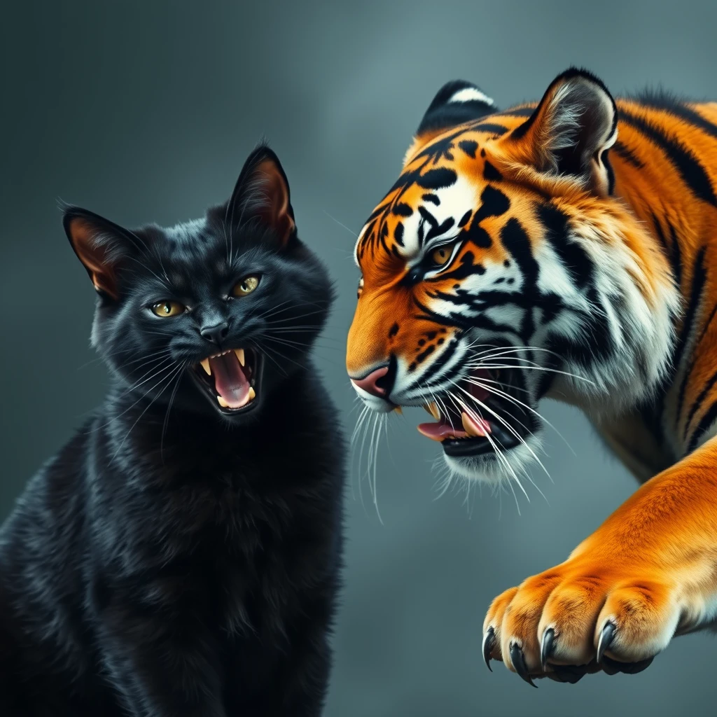 an angry black cat and an angry tiger - Image