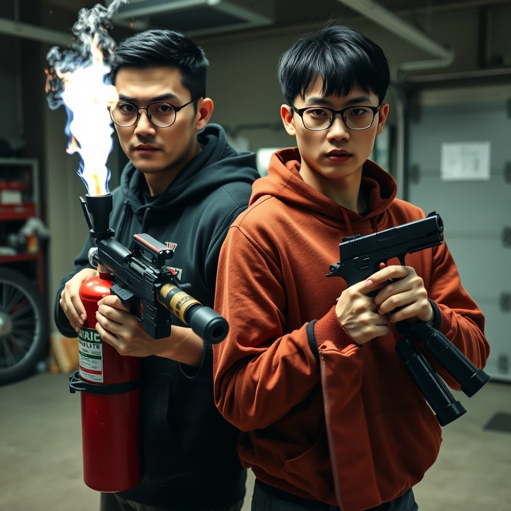 21-year-old very white Italian man, wearing round glasses, black short hair, holding a very large fire extinguisher flamethrower. And 21-year-old Northern Chinese man, with a thin long face, wearing square glasses, mid/long fringe black hair, holding a Glock. Both angry; murderous intent; garage setting.