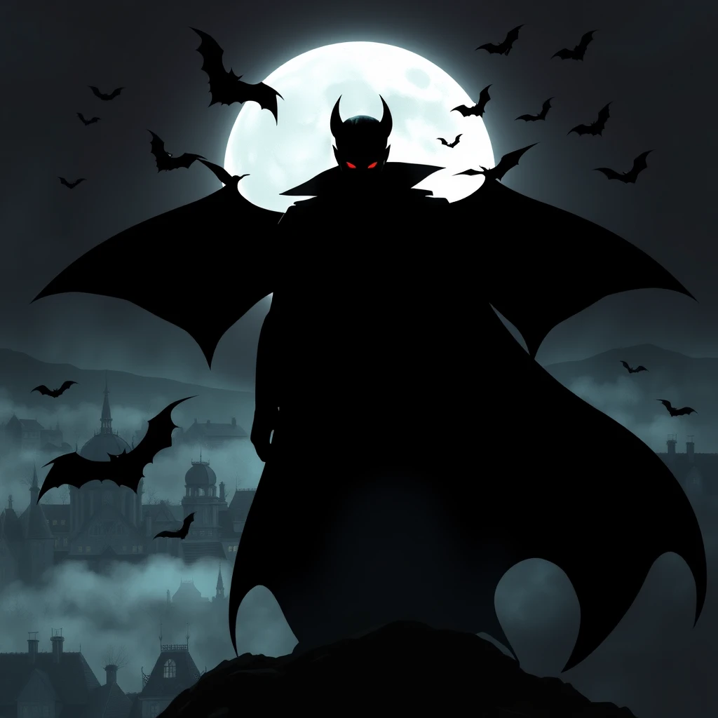 Dark cover art of Dracula standing in the middle of the frame overlooking a town, with his silhouette composed of bats. His eyes are all glowing bright red, cutting into the thin mist. A full moon is visible. Drawn in a digital art style. - Image