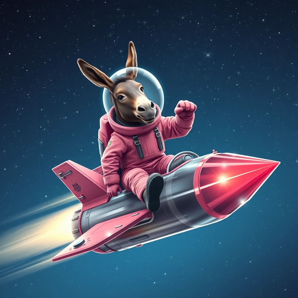 An ambitious donkey wearing pink astronaut costume, riding on a crystal stunning spaceship, making a punching gesture, flying to the outerspace under a clear night sky with lots of shining stars. Realistic style.