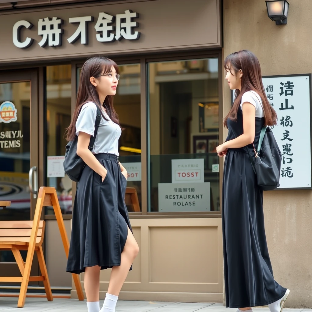 Two tall and slender female students are chatting outside a coffee shop. They are wearing dresses, and their socks are visible. There is a sign outside the restaurant, and the words on the sign can be clearly seen, including Chinese characters.