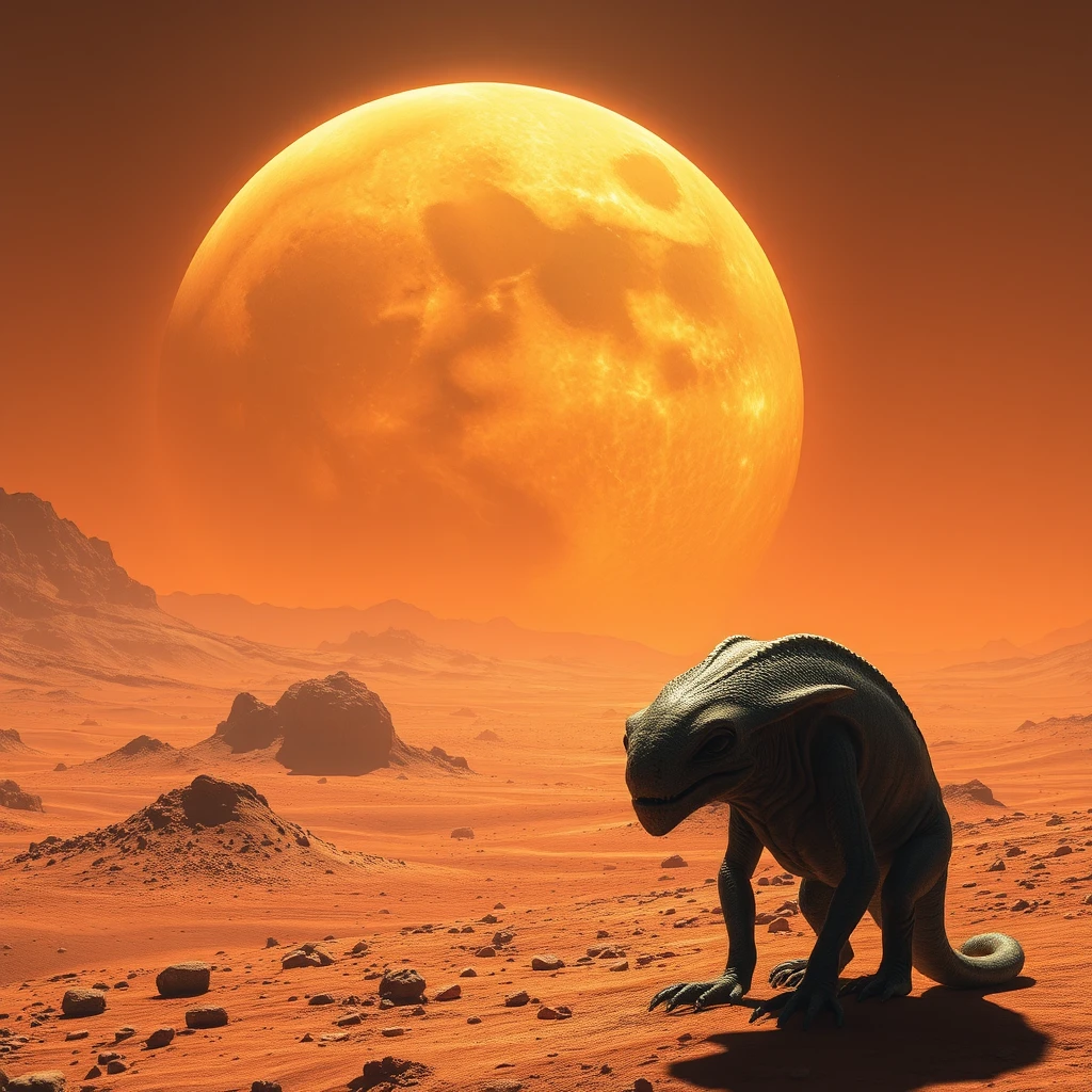 Extremely hot alien planet, large moon in the background, small alien animal in the foreground.