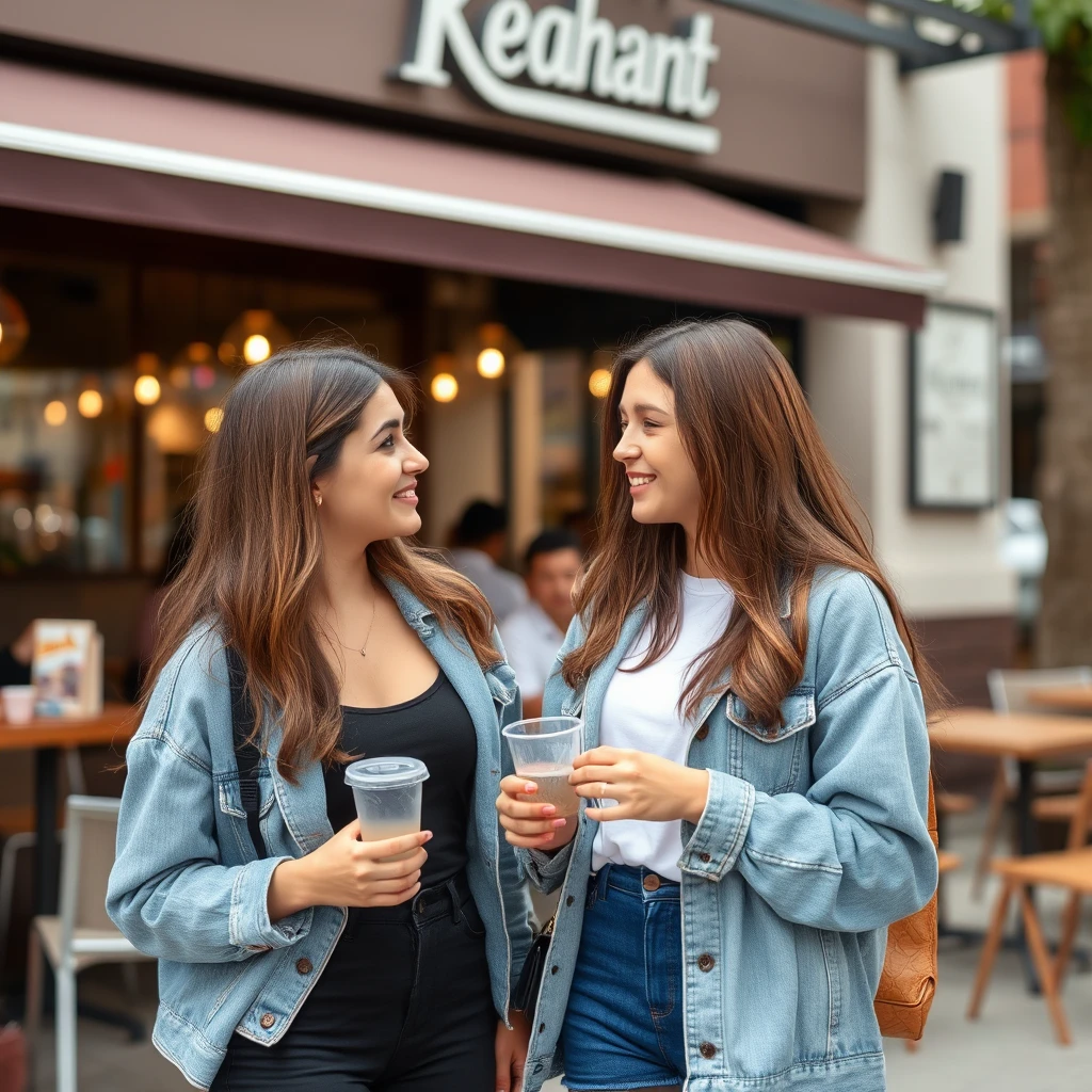 Two young women are chatting outside a restaurant.