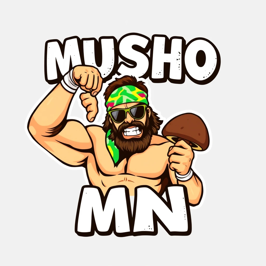 Create WWE MACHO MAN parody logo featuring a title in big painted typography saying "MUSHO MAN". In the logo, a realistic macho man wrestler character is wearing a tie-dye bandana and sunglasses. He is flexing his arm and squeezing a brown cap mushroom with one hand and pointing at the mushroom with the other hand. He looks angry, with teeth showing. This parodies Randy Savage's Macho Man "cream of the crop" pose. It has a grainy 90s screen print style. - Image