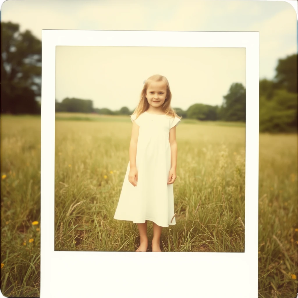 Creepy Polaroid picture from the 80s of a beautiful girl in a white dress, barefoot in a meadow, during summertime.