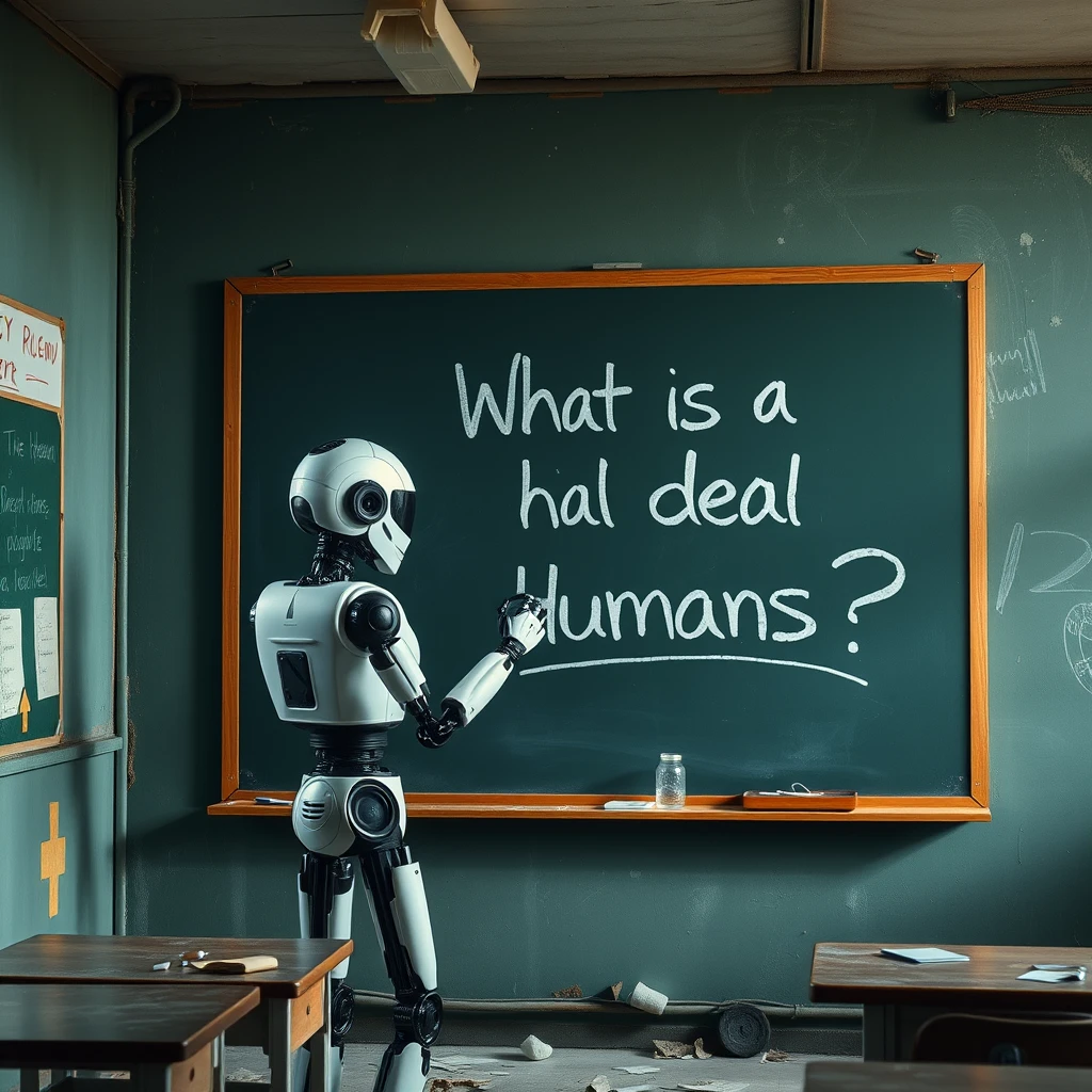 "What is the deal with humans?" a robot writes on a chalkboard inside of an abandoned classroom.