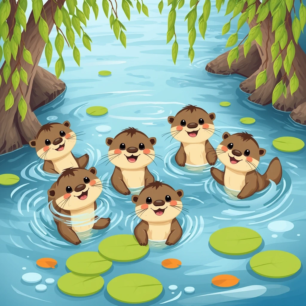 A joyful family of otters playing together in a sparkling blue river, surrounded by willow trees and lilypads, their eyes bright with curiosity, styled in cheerful children's illustration art. - Image