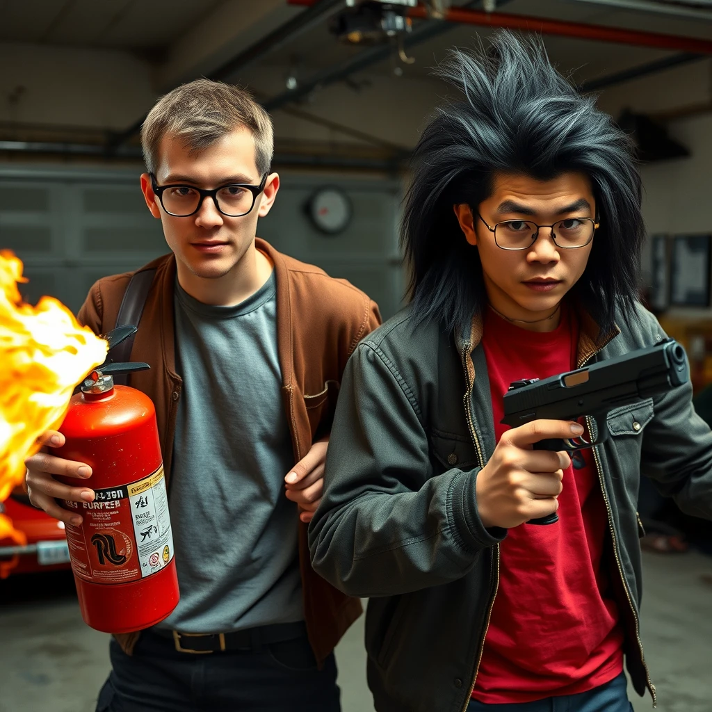 21-year-old European white Italian man with round prescription glasses and short hair holding a very large fire extinguisher flamethrower; 21-year-old northern Chinese man with long black mullet, square glasses, holding a pistol; both angry; murderous intent; garage setting.