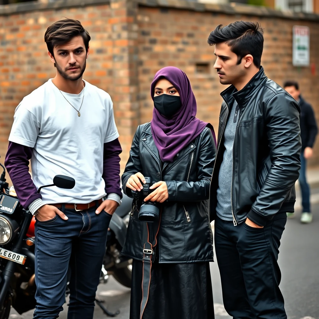 Jamie Dornan and Freddie Prinze, head and body shot, handsome, young, serious face, dark brown-haired, white t-shirt, collage jacket, skinny jeans, sneakers, standing, discussing with the two guys with a short purple hijab Muslim girl, beautiful eyes, face mask black, black leather jacket, longest black leather skirt, holding a DSLR Canon camera, near town road, superbike, hyper-realistic, street photography, brick wall, full body photo, three other random friends in the back. - Image