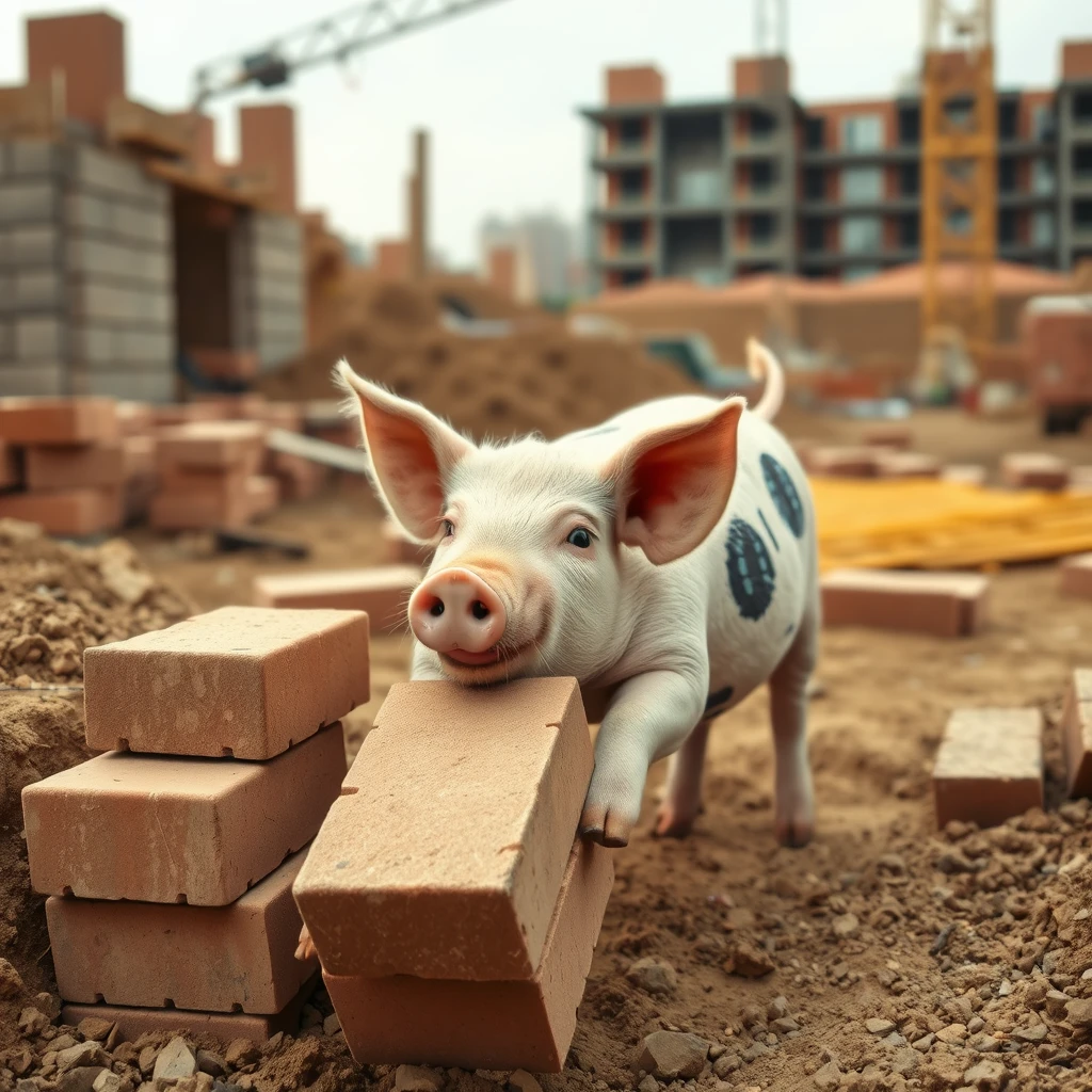 'A pig moving bricks at a construction site.'