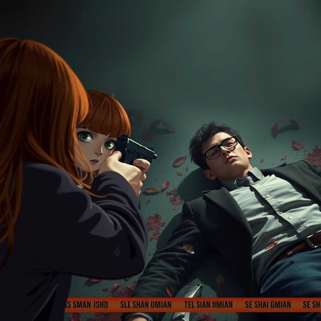 A death scene; a short, skinny teenage girl with long ginger hair and bangs, green eyes, shooting and killing a dead young, skinny, tall Italian white man who wears glasses.