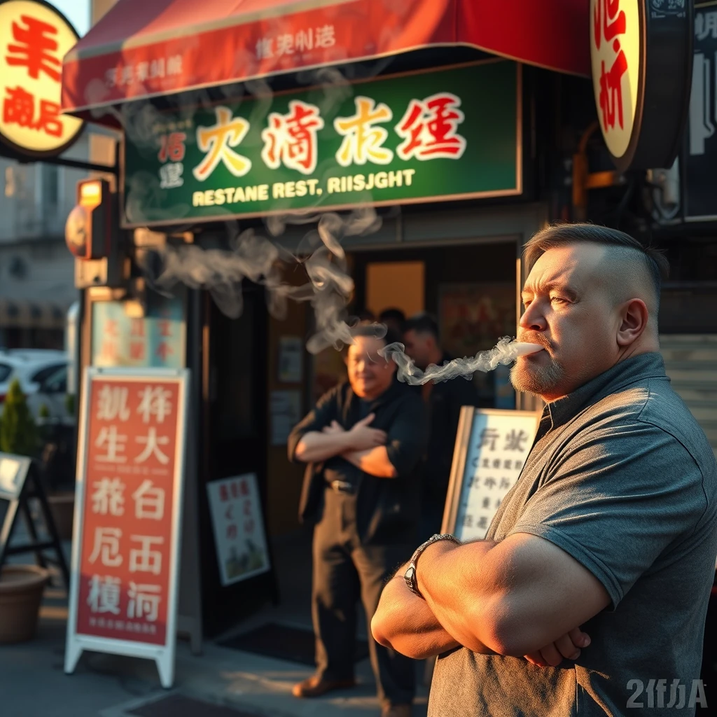 In the evening, a strong man is smoking outside a restaurant, and there is a sign outside the restaurant where the characters can be clearly seen, which includes Chinese characters or Japanese.