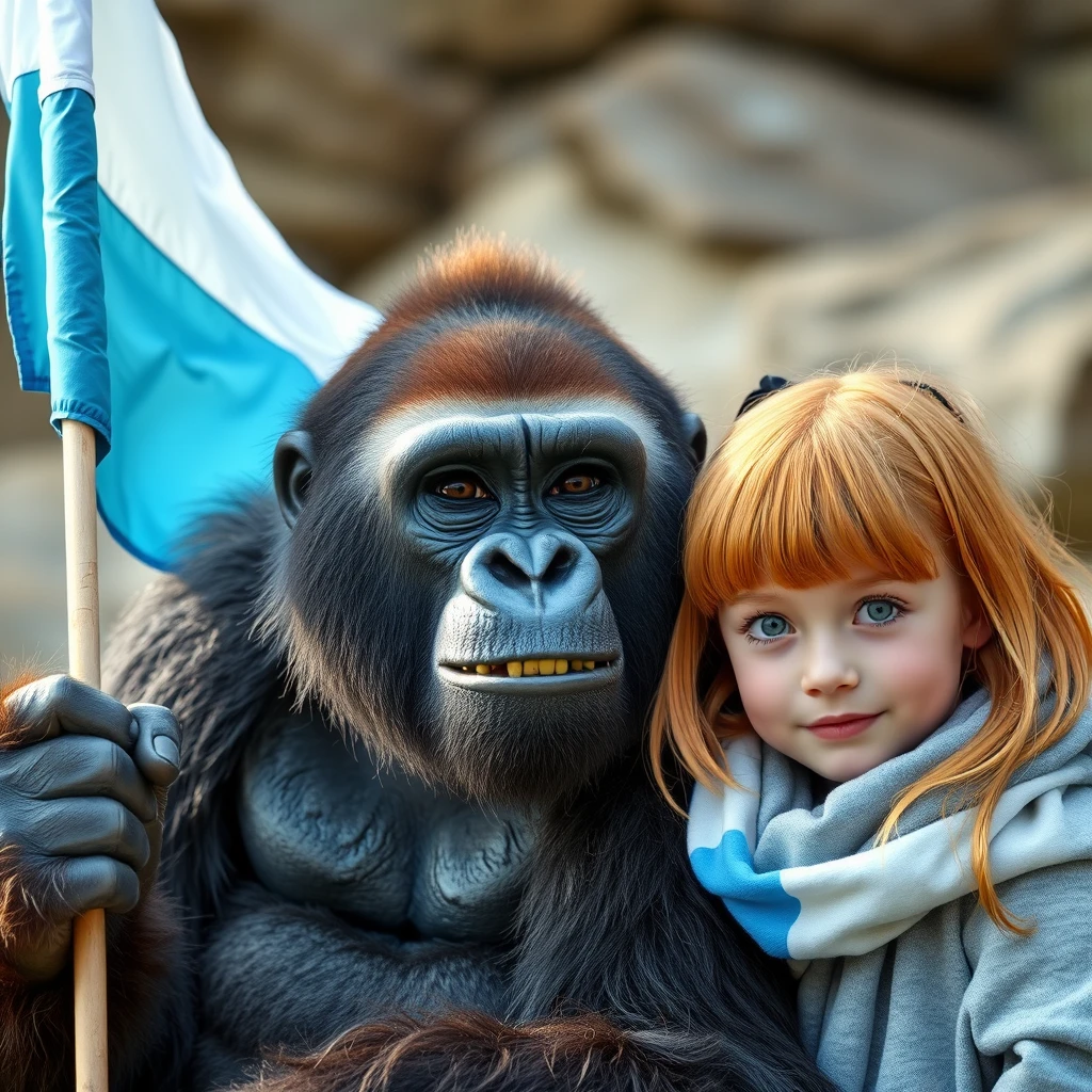 A wild king gorilla holding a three-striped flag colored light blue, white, and light blue, next to a cute ginger-haired Russian teenage girl with green eyes and bangs.