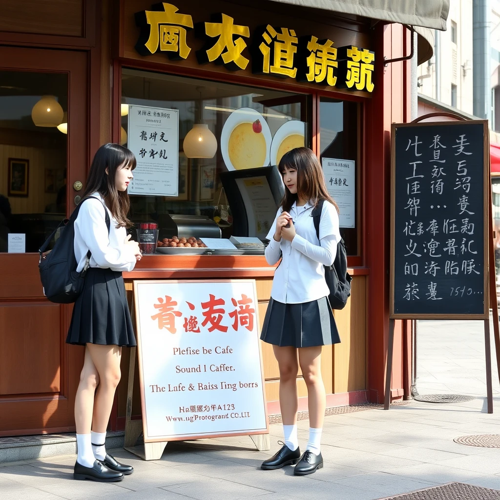 Two female students are arguing outside a real café. They are wearing skirts, and their socks are visible. There is a sign outside the restaurant, and the text on the sign, which contains Chinese characters, is clearly visible.