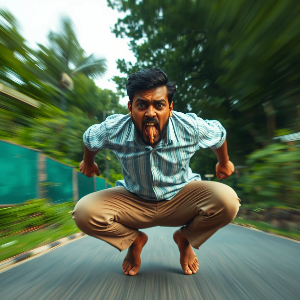 Indian man flying away at high speed 20m high, squat pose, farting high-pressure stream of brown liquid coming from, low-quality CCTV footage, angry screaming at camera, bulging eyes, front view, radial blur.