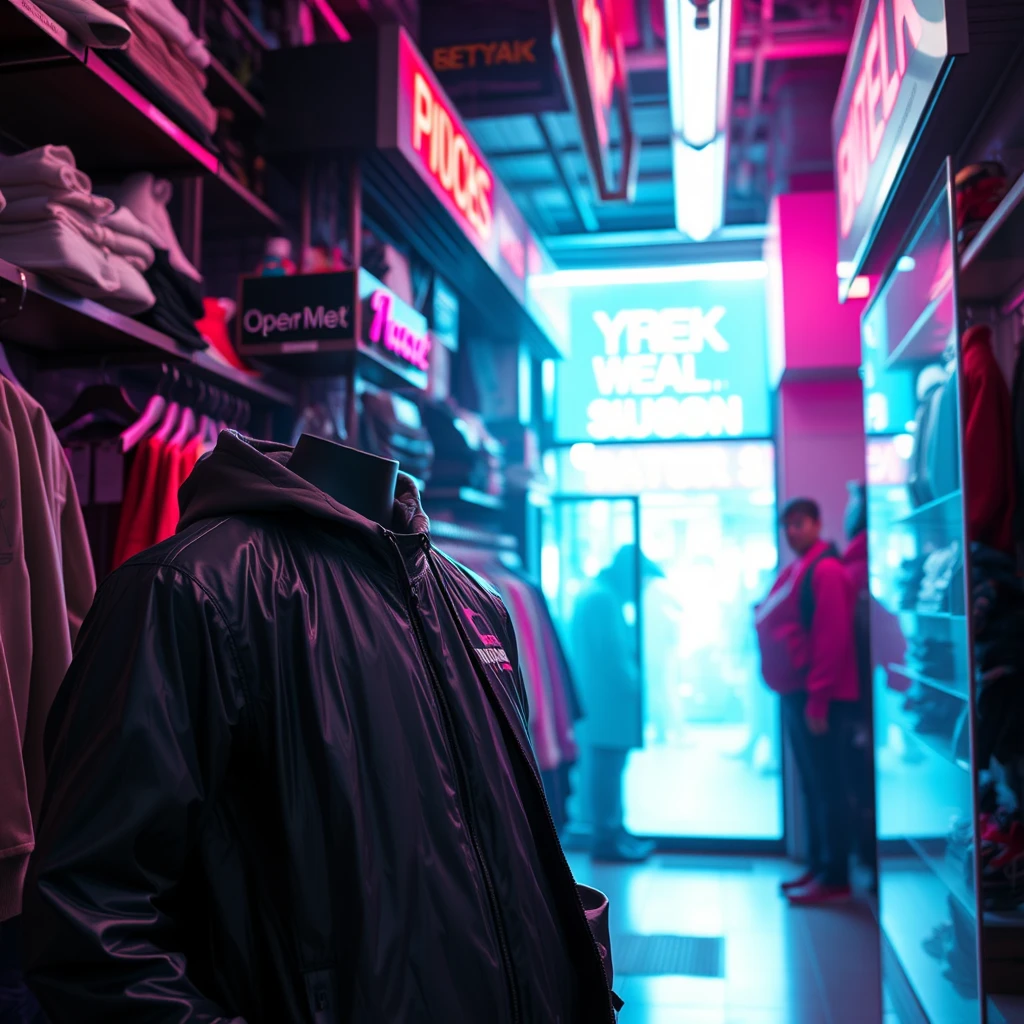 wear shop, cyberpunk, bright environment, nobody, - Image