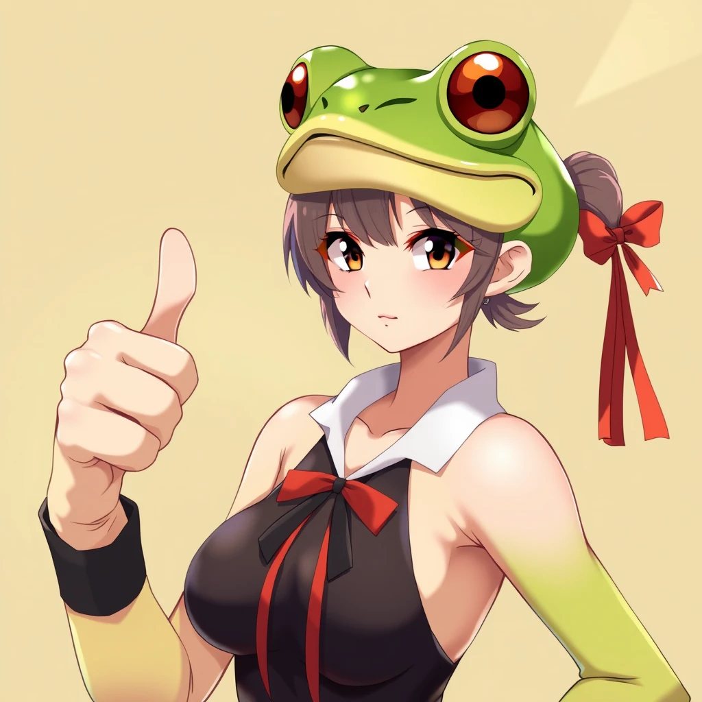 A beautiful woman creature with a frog head instead of a human head giving the thumbs up with the styling of anime. - Image