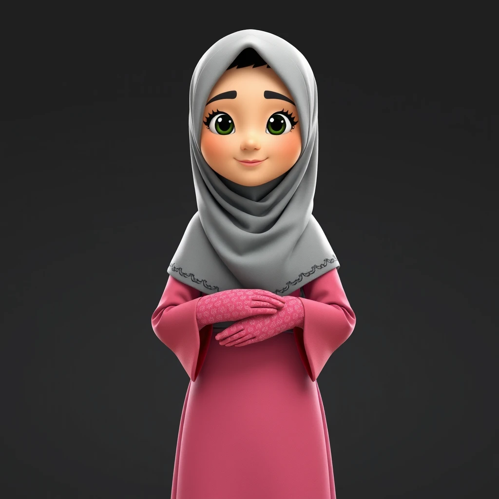 A 3D, 8k animated cartoon depiction of a Muslim woman from Palembang, wearing a traditional long songket and a long gown (gamis). She is adorned with a hijab that covers her chest and wears batik gloves covering her hands.